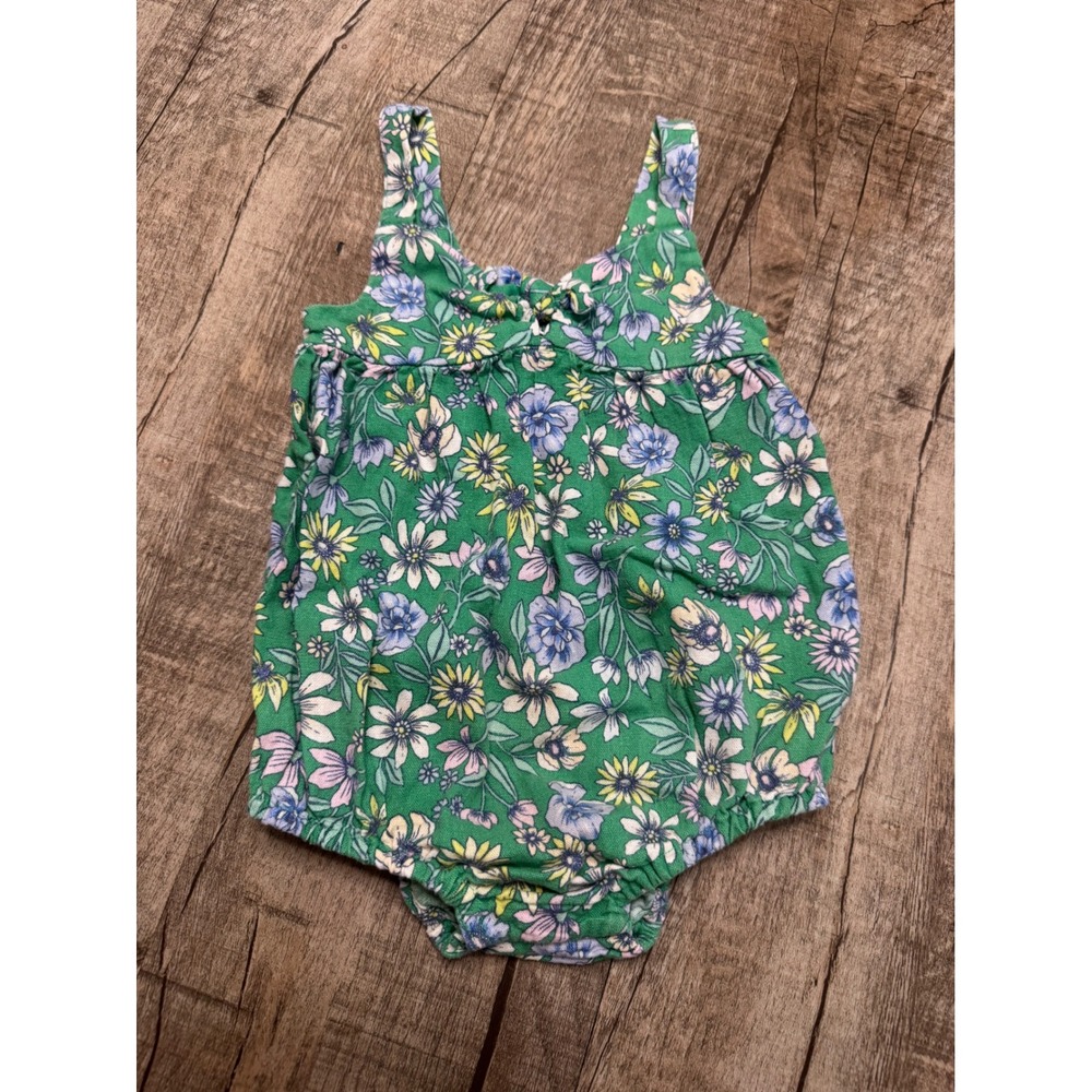 Old Navy Green Floral Linen Blend Bubble Romper 12-18M Sleeveless Bow Detail